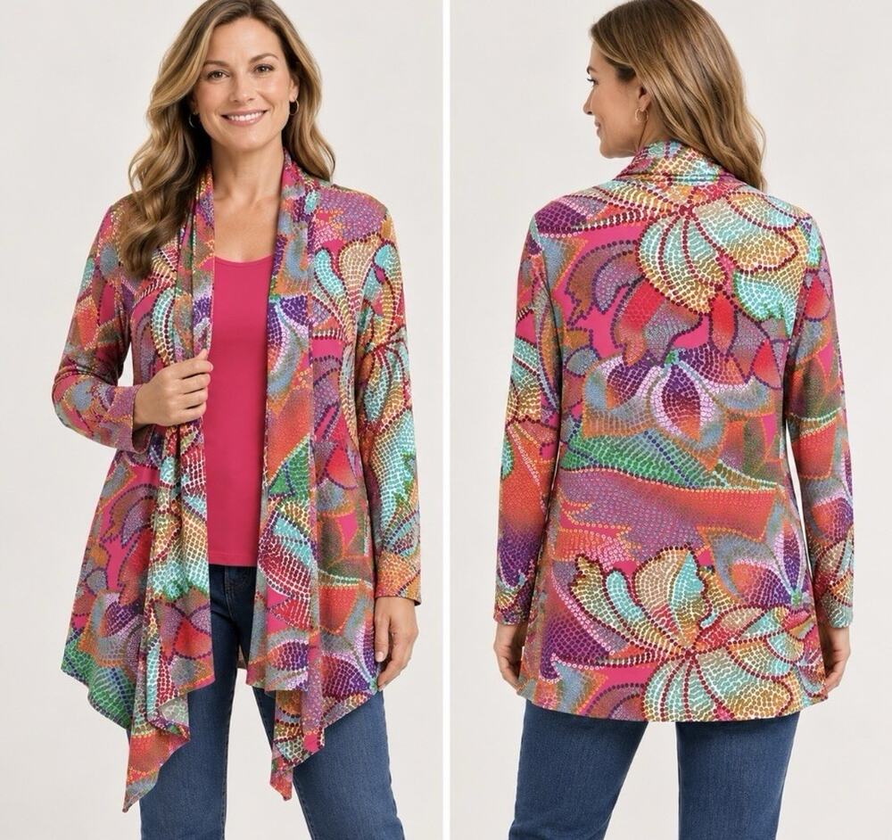 Clara Sun Woo Draped Tunic Open Concept Cardigan Sz. XL Colorful Artsy Slinky